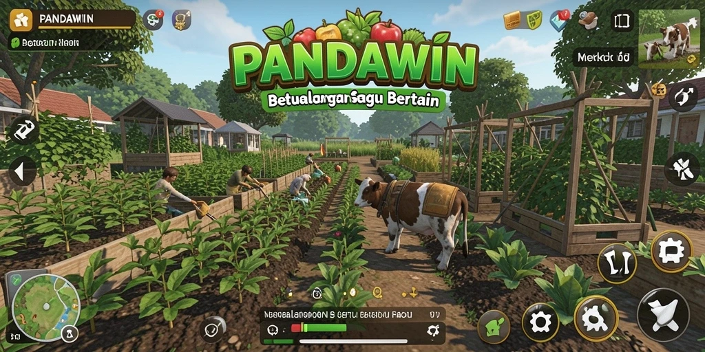 Screenshot utama PANDAWIN menampilkan aktivitas seru bertani dengan tanaman subur.